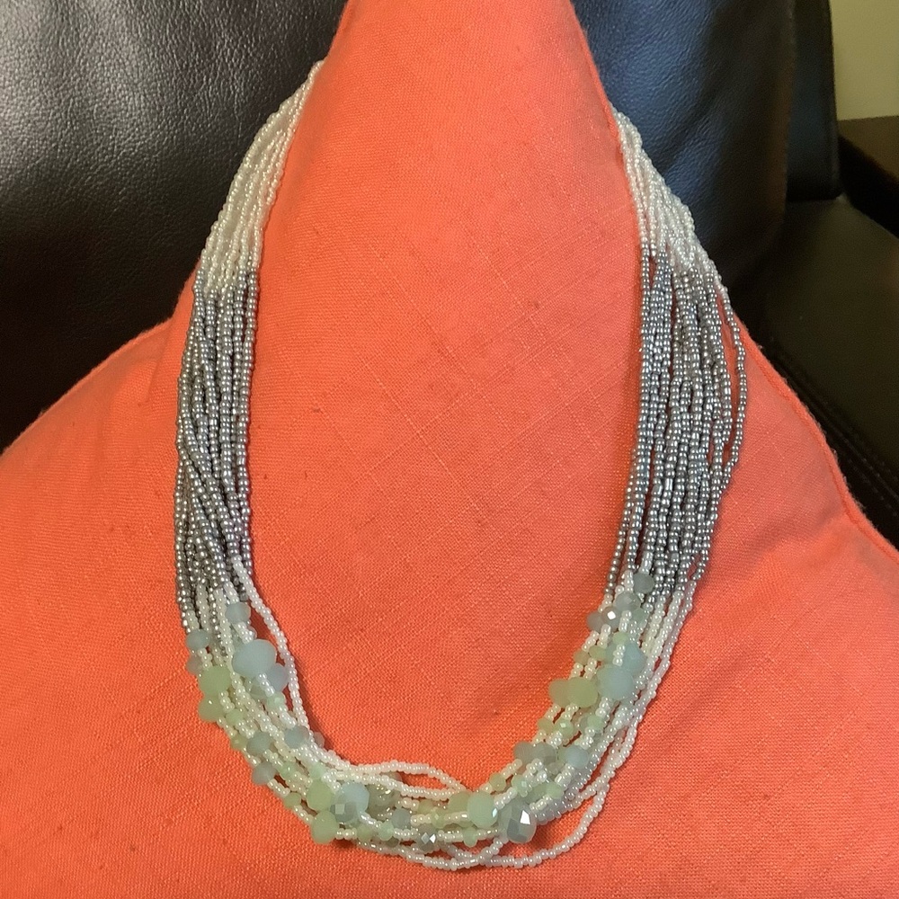 Sea Foam Green and Silver Multi-Strand Beaded Necklace
